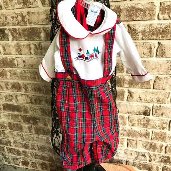 Alexis Toddler Overalls 3 M Month Red Plaid Embroidered Train Snaps EUC… - Picture 2 of 12